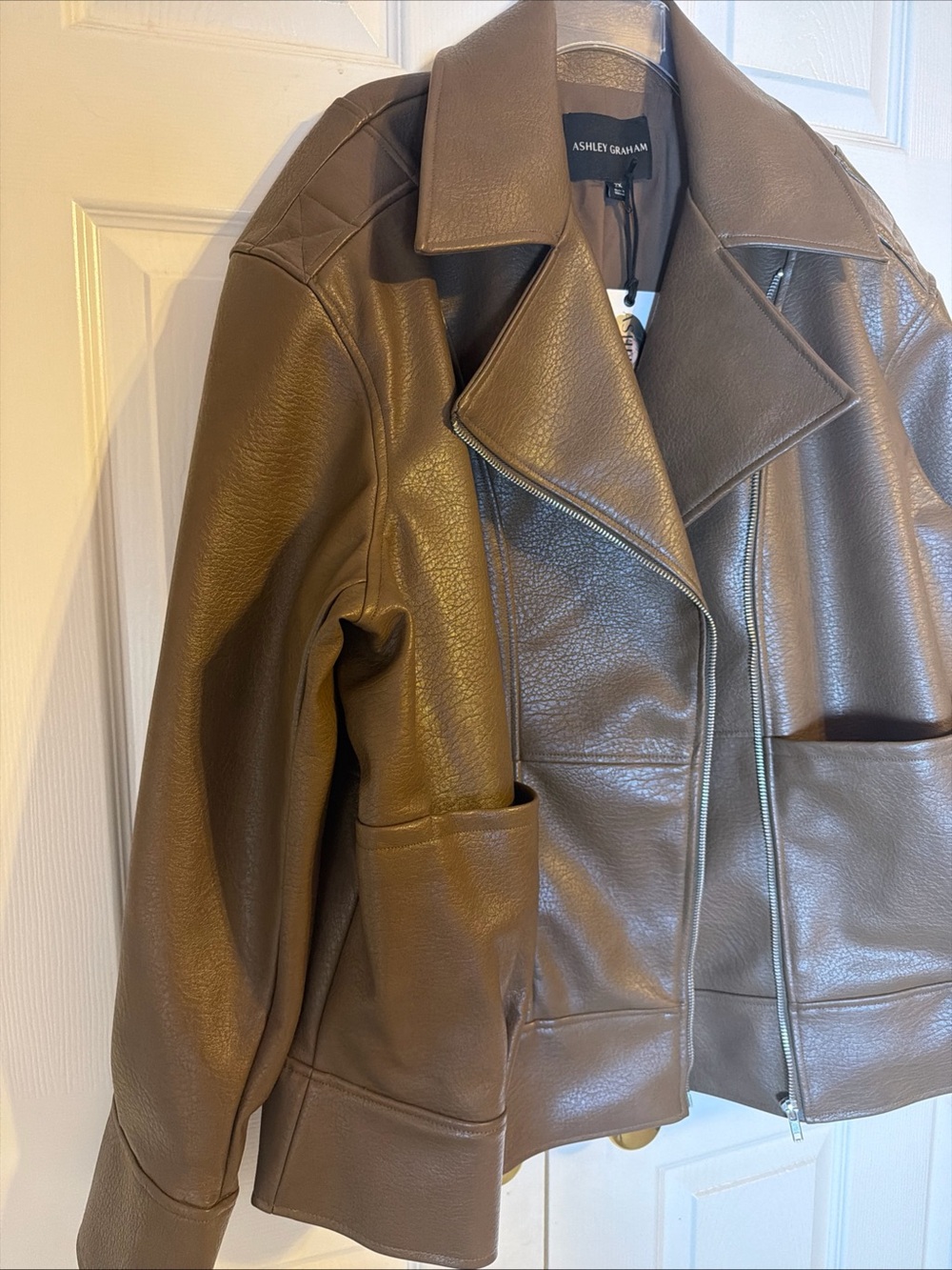 Ashley Graham Brown Faux Leather Moto Jacket Womens 2X Asymmetric Zip $240 NWT - Picture 12 of 14
